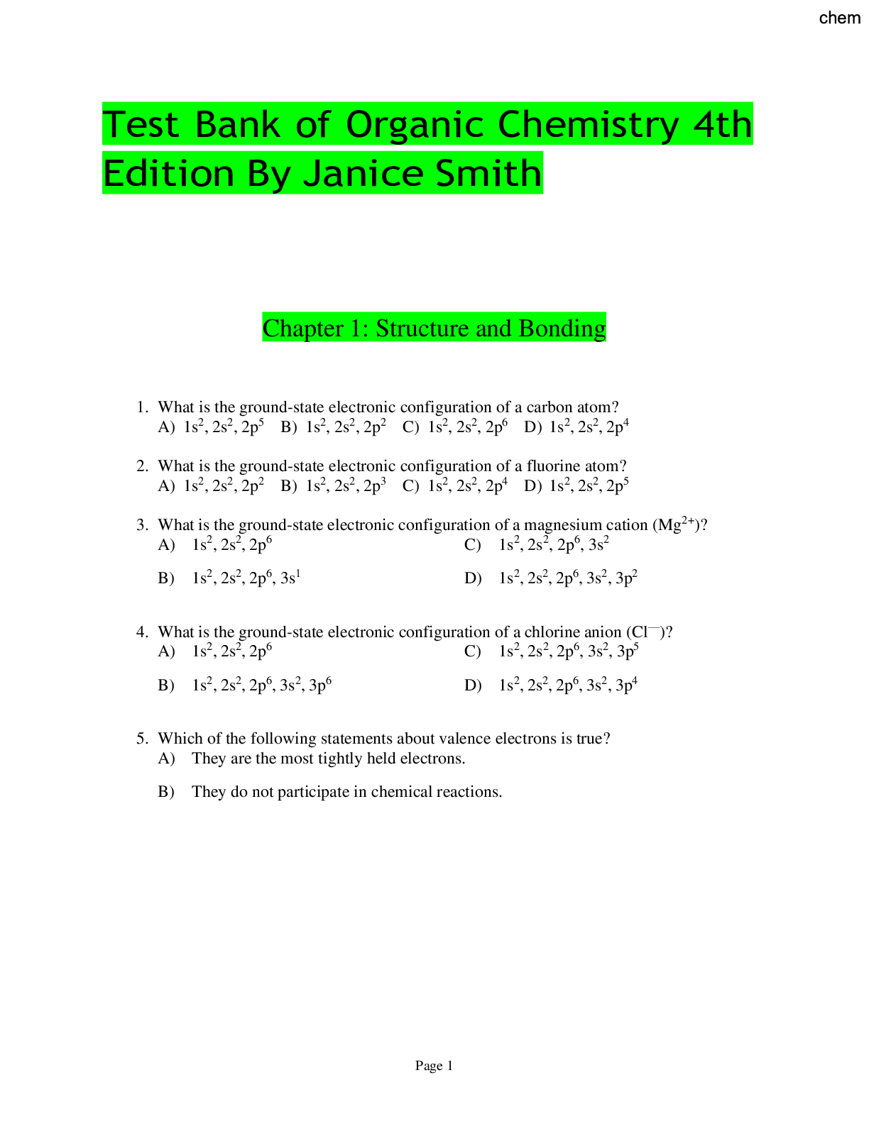 Preview image for Test Bank of Organic Chemistry 4th Edition By Janice Smith